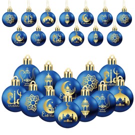 Bememo 24 Pcs Ramadan Ball Ornaments for Tree Eid Mubarak Decoration1.57 Inches Plastic Ramadan Hanging Ornaments Mini Islamic Moon Star Ball Ramadan Decor for Eid Holiday (Blue and Gold)