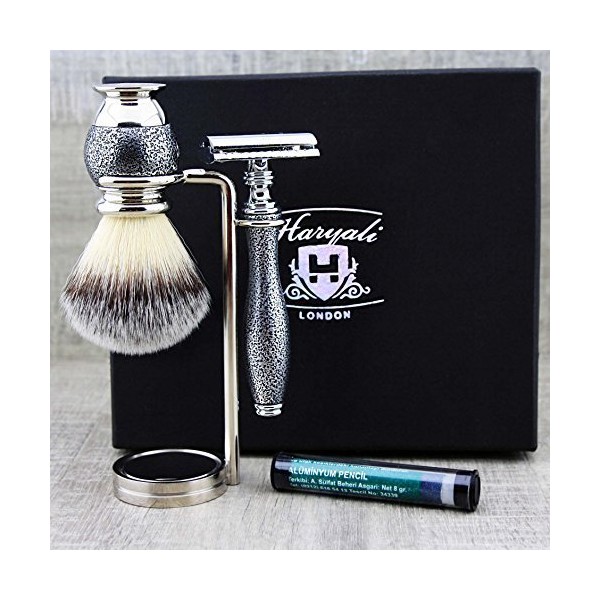 3 pieces silver antique collection - vintage look. Men's Shaving Set with Synthetic Badger Shaving Brush & De Safety Razor + Double Stand for Razor & Brush. Perfect set for wet shaving - great gift for him