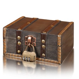 Sporgo Wooden Treasure Chest Box: Children's Birthday Pirate Chest Wooden Treasure Chest with Combination Lock 16 x 12 x 9.5 cm, Vintage Wooden Box Lockable for Storage and Decoration