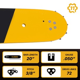 RazEdg 20 Inch Chainsaw Bar and Chain Combo for Husqvarna, 3/8" Pitch, 050" Gauge, 72 Drive Links Fits Husqvarna 455, 455 Rancher 460 Rancher 570, Poulan PP5020AV PR5020 and More (1 Bar + 3 Chains)