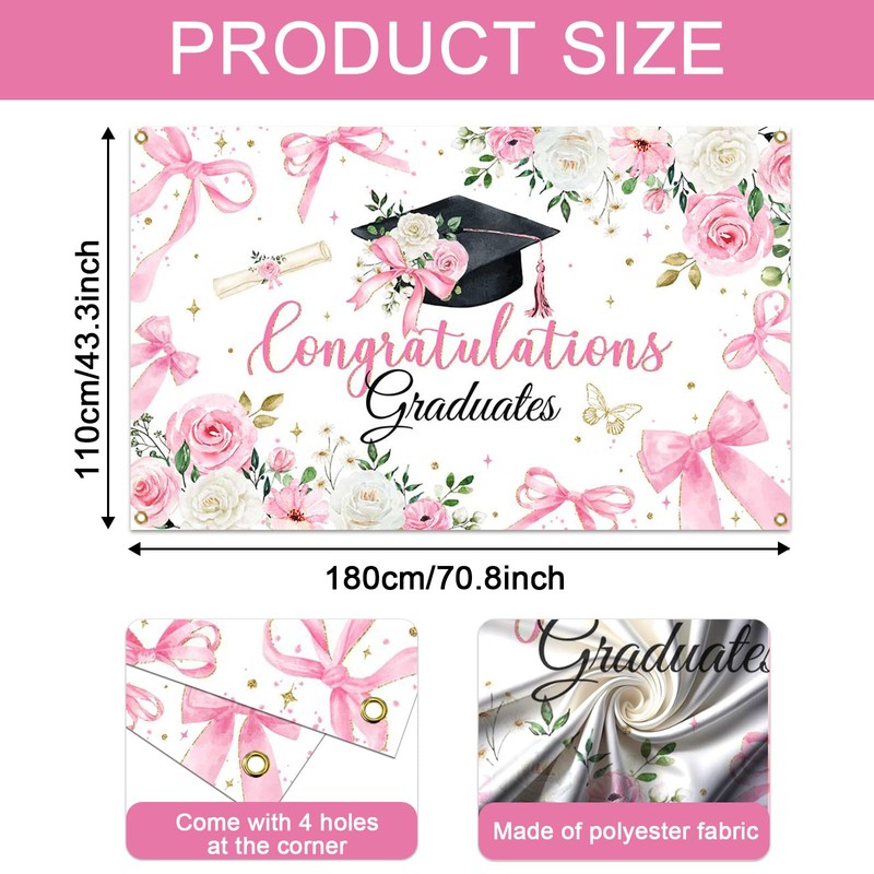 Mocsicka Pink Bow Graduate Backdrop Banner Coquette Graduation Decorations Coquette