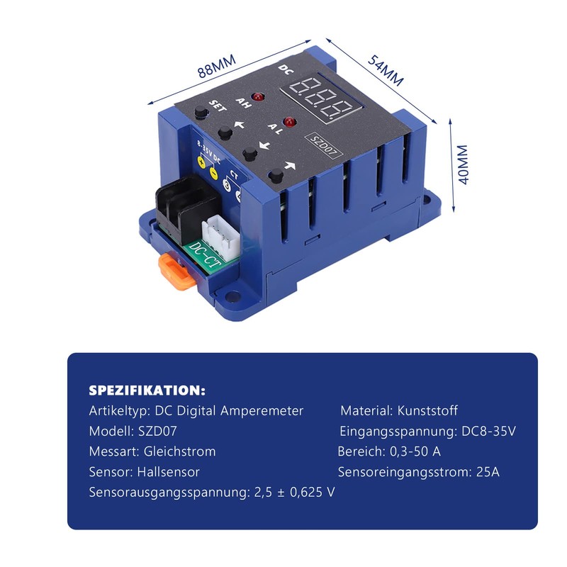 LiebeWH SZD07 Digital Ammeter, 0.3-50A DC Digital Ammeter Current Sensor
