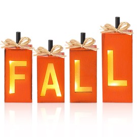 Retisee 4 Pcs Fall Signs Table Centerpieces Lighted Thanksgiving Decorations for Home Wooden Fall Block Sign Farmhouse Decor with LED Lights for Harvest Home Office Autumn Party Favors(Orange)