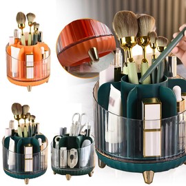 QKBZJUE Makeup Brush Holder 360 Rotating Large Capacity Cosmetic Organizer 7 Slot Makeup Organizer Container Desktop Storage Stationery Storage(Green)