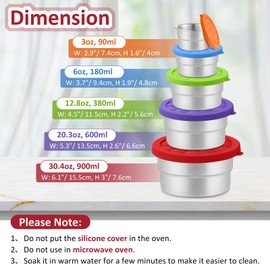 Leonyo 5 Pack Stainless Steel Snack Containers, Stainless Steel Containers with Lids, Reusable Food Container for Adults, Leakproof Silicone Lid & Stackable Lunch Box for School, Office, Picnic