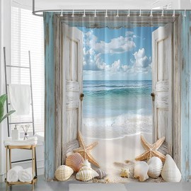 Boho Beach Coastal Shower Curtain Ocean Teal Rustic Barn Door Shower Curtain for Bathroom Hawaiian Scenery Sea Wave Wood Nature Seascape Seaside Nautical Beachy Seashore Bathroom 70x70 inch with Hook