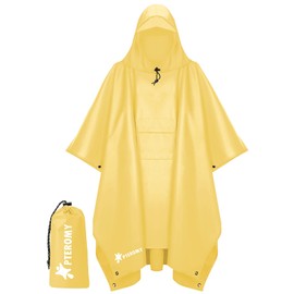 PTEROMY Hooded Rain Poncho for Adult with Pocket, Waterproof Lightweight Unisex Raincoat for Hiking Camping Emergency (Yellow)