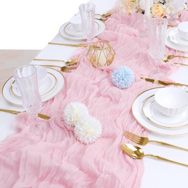 Pink Cheesecloth Table Runners 5 Pack 35x120 Inch Boho Bulk Gauze Table Runner Sheer Table Runner for Wedding Holiday Birthday Party Baby Shower Decorations 10Ft