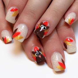 24Pcs Fall Press on Nails Short Square Fake Nails Glitter Turkey False Nails Autumn Thanksgiving Turkey Glue on Nail French Artificial Acrylic Nail Thanksgiving Nails for Women Manicure Decoration