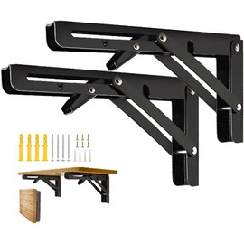 Folding Shelf Brackets, 2pcs 12” Folding Shelf Brackets Heavy Duty Cold Rolled Steel Max. Load 220lb Collapsible DIY Wall Mounted Shelf Bracket Space Saving for Table, Work Bench - Black