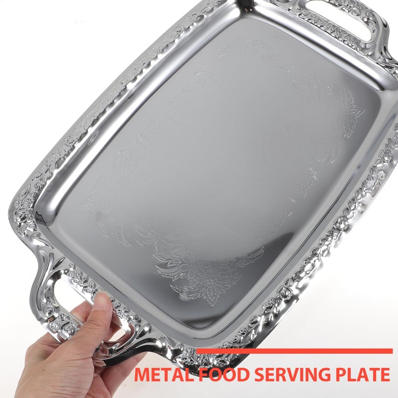 STOBAZA Silver Serving Tray, Metal Coffee Table Ottoman Tray with