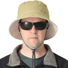 OZ SMART Australia Winter Big Head Bucket Hat with Inner Fleece, Men/Women Wide Brim Bucket Hat for Fishing Camping with Chin Strap UPF 50 UV Khaki