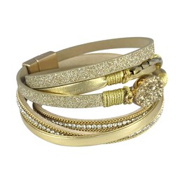 P Ammy Fashion® Women's Fashion Multi-layer Leather String Wrap Bracelet Quartz Crystal Cuff Boho Bracelets with Magnetic Clasp (Golden)