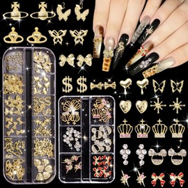 Gold Nail Charms, Crown Star Bow Butterfly Planet Dollar Sign Nail Y2k Charms, Luxury Golden Charms for Nail DIY Metal Nail Decoration