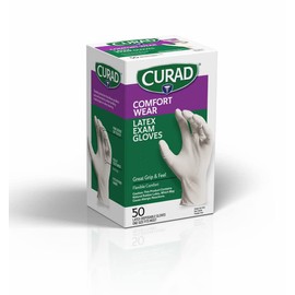 Curad Comfort Wear Latex Exam Gloves, Powder-Free, One Size Fits Most, 50 Count