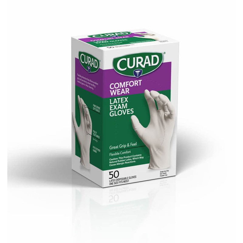 Curad Comfort Wear Latex Exam Gloves, Powder-Free, One Size Fits