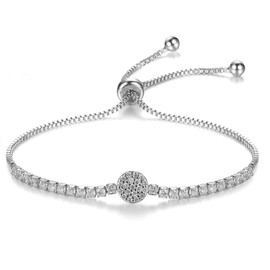 Micropave Disc Bolo Bracelet Adjustable 10 Inch White Gold Plating