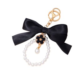 ChungLong0593 Ribbon Bow Pearl Chain Keychain Metal Floral Pendant Girls Handbag Purse Charm Accessories Gift-black