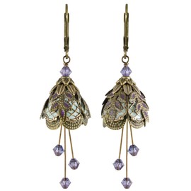 NoMonet Italian Courtesan Art Deco Drop Earrings, Hand Painted Vintage Brass Filigree, Crystals, Nature-Inspired Fantasy, Classic Dangle, Made in USA