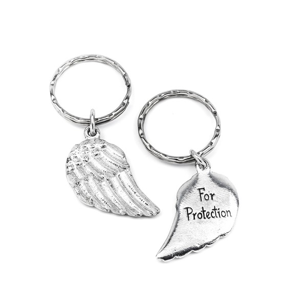 Angel Wing metal Keyring For Protection message. Handmade pewter keyring,