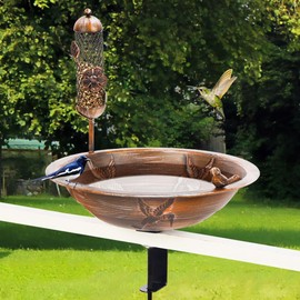 DREAMSOUL Deck Bird Bath with Feeder, 13" Bird Bath for Outside with Adjustable Sturdy Steel Clamp, Metal Birdbath Bowl for Railing Balcony Patio Decor