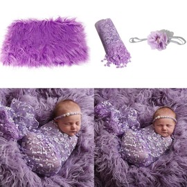 ikasus 3 Pcs Newborn Photography Props - Baby Photoshoot Props Wrap Baby Long Ripple Wrap and Toddler Swaddle Blankets Photography Mat with Cute Headbands for Infant Boys Girls