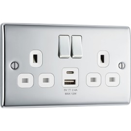 BG Electrical Double Switched Power Wall Plug Socket with Type A and Type C USB Charging Ports, Nexus Metal, Polished Chrome, 13A, 12W, NPC22UAC12W