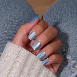 KQueenest Cat Eye Press On Nails Short Coffin, 30 Pcs Glitter Baby Blue Press On Nails Summer, Sparkly Fake Nails With Glue, Glass Nails Press ons, Reusable Soft Gel Stick on Nail for Women Gift