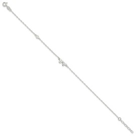 Solid 925 Sterling Silver CZ Cubic Zirconia Bow 9in 1Ext Anklet 9" (Width = 1mm)