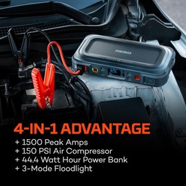 NEBO Assist AIR 1500XP Jump Starter and Air Compressor | 44.4Wh Power Supply Box Restarts 12V Battery Vehicles, 150 PSI Air Compressor Inflates Tires, Integrated Floodlight, USB Ports, TSA Approved