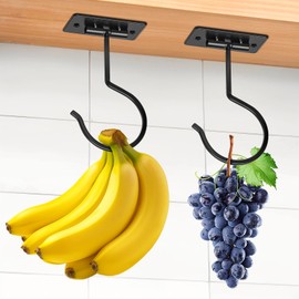 Fitnice 2PCS Self Adhesive Banana Hook Under Cabinet Foldable Banana Hanger Black Metal Under Counter Banana Hook to Keep Bananas Fresh Banana Holder for Kitchen RV Space Saving
