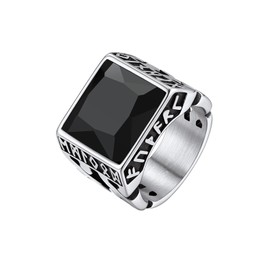 Bestyle Stainless Steel Men Sigent Rings for Men with Black Onyx Stone, Vintage Mens Rune Ring, Chunky Big Cuban Link Chain Ring Men's Gemstone Rings,Size 7