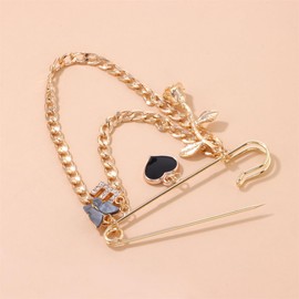 Punk Gold Silver Star/Moon/Bear/Rose Tassel Chain Brooch,Vintage Crystal Moon Star Brooch Lapel Pins Cubic Zirconia Sweater Shawl Clips Collar Brooch for Women (F)