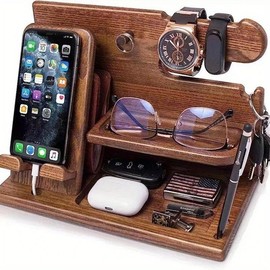 Multi-functional Wooden Telephone Extension Base Father's Gift Bedside Table Desktop Organizer Storage Rack Mobile Phone Holder - Color: wood