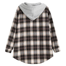 ZAFUL Women's Plaid Fleece Lined Hooded Jacket Button Up Oversized Fuzzy Coat Checkered Flannel Hoodie Jacket