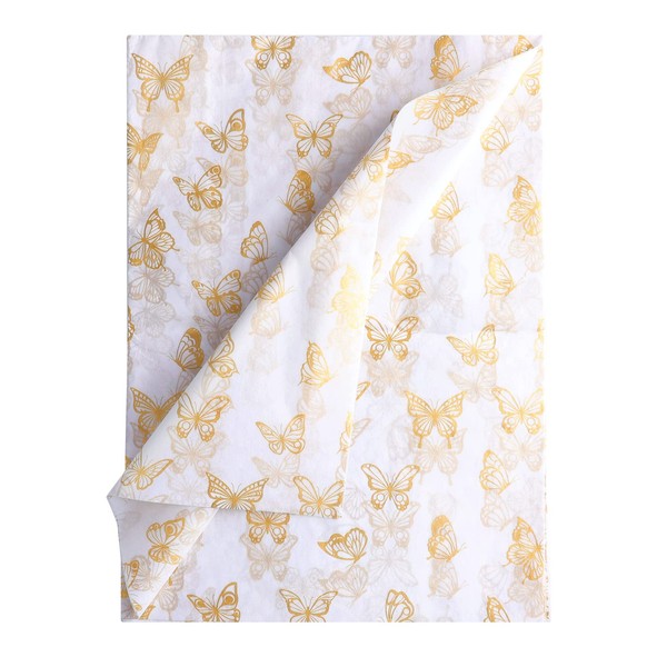 KINBOM 30Pcs 14x20inch Golden Butterfly Tissue Paper Sheets, Gold Wrapping Tissue Paper Bulk for Packaging for Christmas Wedding Birthday Party Baby Showers DIY Crafts Arts (White Background)