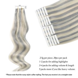 ABH AMAZINGBEAUTY HAIR 18 Inch Hair Extensions Real Human Hair Tape in Silver White Highlighted Platinum Blonde Human Tape in Hair Extensions Color P#Silver-60 Straight Seamless Skin Weft 50g 20pcs