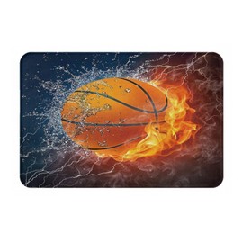 LRCCJS Bath Mat Cool 3D Basketball with Flame Print Printed Art Quick Dry Bathroom Rugs Non Slip Absorbent Shower Rug Floor Mat for Bathroom, Bathtub,Sink 16x24 Inch