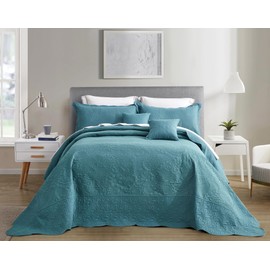 Blythease Oversized King Bedspread Blue 128x120 Extra Wide, Ultrasonic Lightweight Bedding Cover, Paisley Pattern, Reversible, 5 Piece, 100% Microfiber, King/Cal King, Lagoon