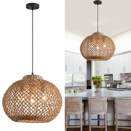 Teru Ji Kaikang 17" Rattan Pendant Light,3-Light Boho Hand Woven Water Plants Rattan Chandelier for Dining Living Bedroom Kitchen Farmhouse
