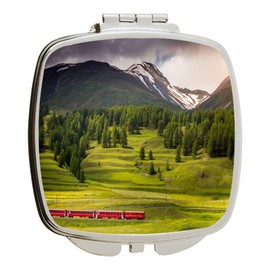 Island Gifting - Image of Red Train with Alpine Landscape in St Moritz - Square Compact Mirror - Travel Mirror, Swiss2