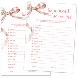 TRKAE Baby Word Scramble Game Set, 30 Pink Bow Baby Shower Party Game Cards with Answer Card, Gender Reveal Party Announcement & Activities Supplies -P05