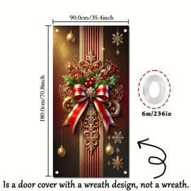 Tomhong Christmas Door Cover Red Gold Bow 71x35 Inch Front Door Decoration with HollySnowflakes for Holiday Party Indoor Outdoor Xmas Entryway Home Decor
