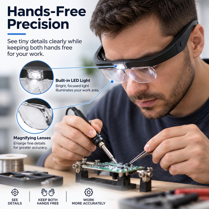 Rechargeable LED Magnifying Glasses for Detail Work – 1.5X–5X Interchangeable