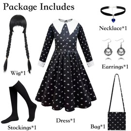 PWOKAO Wednesday Costume Children, 6 Pieces Gothic Black Dress with Wig & Bag & Socks Set Wednesday Costume Kids Carnival Costume Girls Fancy Dress Cosplay Party Outfit (M)