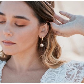 PEARLADA Shell Pearl Drop Earrings for Women, 18k Gold Open Hoop Earrings, Dainty Wedding Jewelry for Bride