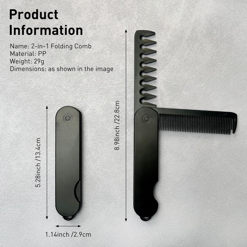 2-in-1 Men's Protable Folding Pocket Comb - Black, Fine &