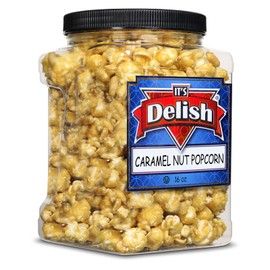 Gourmet Caramel Nut Popcorn with Peanuts by Its Delish, 16 OZ Jumbo Container – Caramel Air Popped Sweet Crunchy Glazed Carmel Corn With Nuts Snack - Gluten Free, Vegan, Kosher, 1 Count