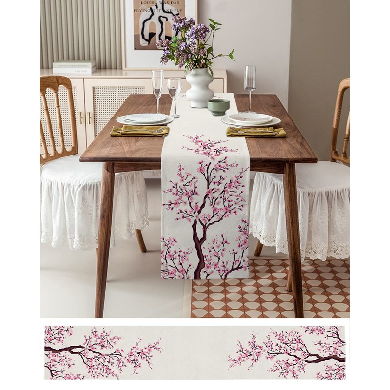 Cherry Blossom Table Runner 36 Inches Long Cotton Linen Tablerunner