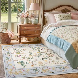 jinchan Area Rug 5x7 Washable Floral Oriental Mat Accent Carpet Indoor Floor Cover Non Slip Living Room Rug Vintage Mat Soft Retro Carpet for Bedroom Dining Room Kitchen Decor Beige/Blue